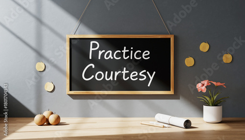A chalkboard with 'Practice Courtesy' message promoting etiquette and good manners on display