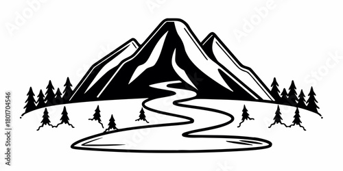 Illustration of mountain range with river flowing through trees in black and white style drawing