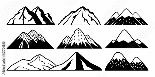 Illustration of nine mountain range variations in black and white with different peak and snow patterns