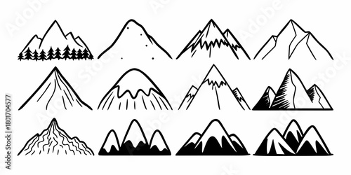 Collection of twelve hand drawn mountain illustrations in black and white outline style vector image
