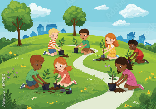 Children planting trees together in park, eco-friendly kids activity illustration, teamwork nature conservation artwork, happy childhood gardening vector design background