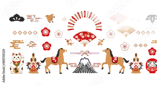 Festive Japanese New Year celebration elements with lucky cat, horses, Mount Fuji and blossom icons for vibrant holiday designs and cultural events