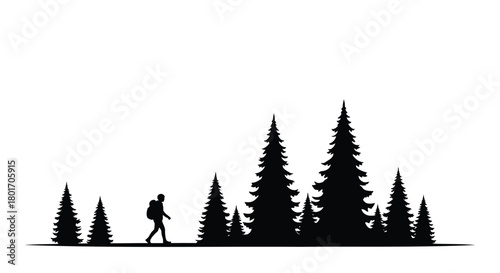 Lone hiker with backpack walks through a dense forest of evergreen pine trees in silhouette