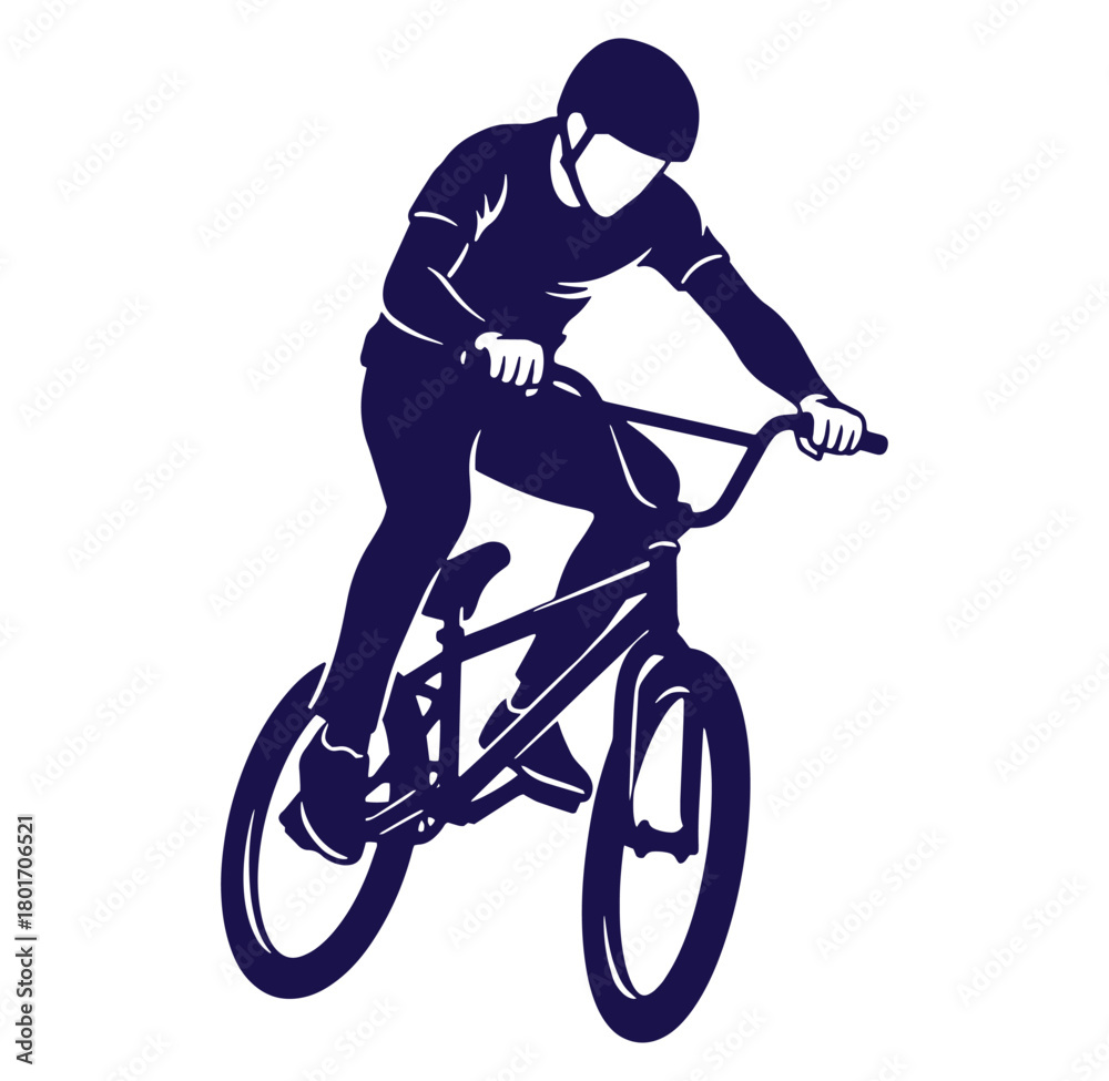 Fototapeta premium Silhouette illustration of a bmx rider performing a stunt in dark navy against white background