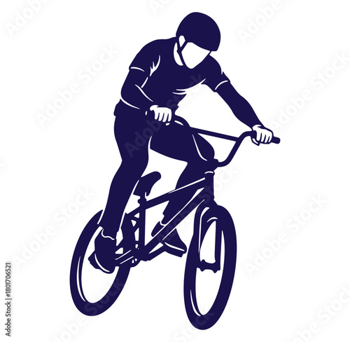 Silhouette illustration of a bmx rider performing a stunt in dark navy against white background