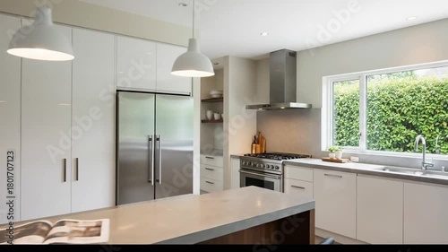 Modern minimalist kitchen design with sleek white cabinetry and natural