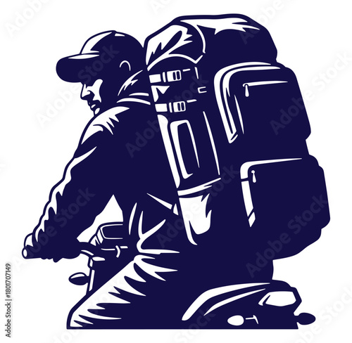 Silhouette of a motorcyclist with a large backpack embarking on a journey adventure