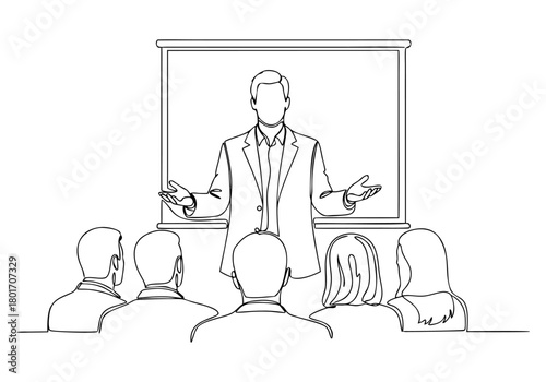 Continuous line drawing of a speaker presenting to an audience with a whiteboard