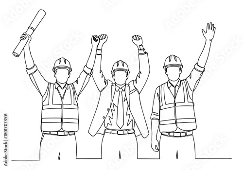Continuous line drawing of triumphant construction workers celebrating teamwork and project success with a blueprint