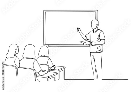 Continuous Line Drawing A teacher lectures to students in a classroom setting