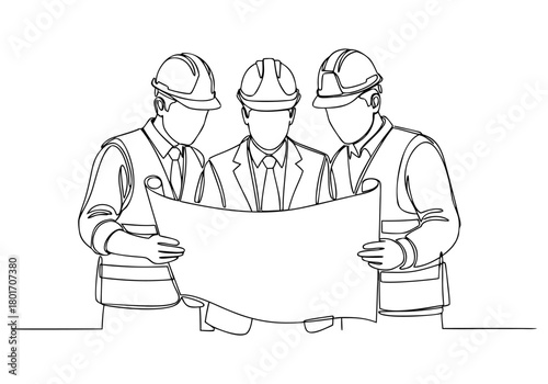 Continuous line drawing of three construction workers reviewing blueprints for a project