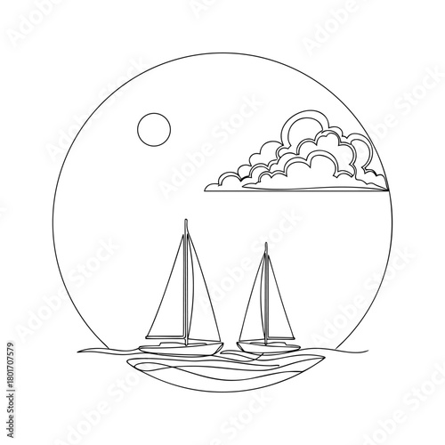 Graceful continuous line drawing illustrating sailboats cruising on the ocean with sun and cloud vector art