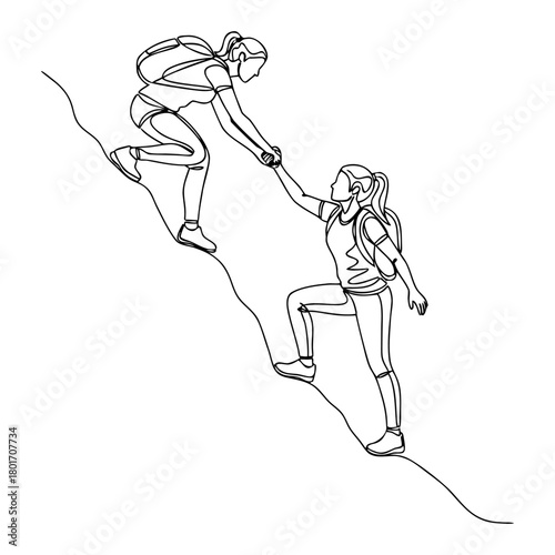 Unified continuous line drawing depicting women hikers ascending a peak, offering mutual support on a challenging journey