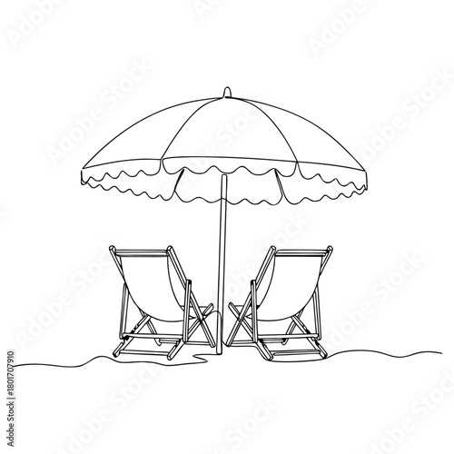 Peaceful summer beach getaway continuous line drawing with two chairs and an umbrella for relaxation