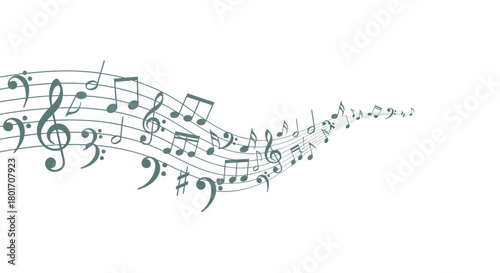 Flowing musical notes and staves creating a sense of movement and melody on a white background