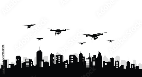 Silhouette of multiple drones flying over a modern city skyline at dusk or dawn