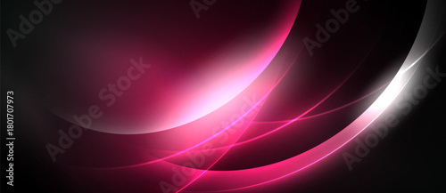 Abstract background features flowing pink, white lines against dark backdrop. Smooth curves create dynamic visual effect.