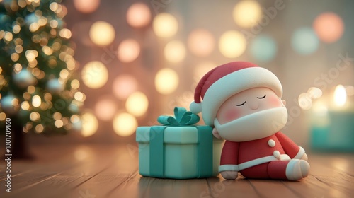 Adorable cartoon santa claus character sleeping peacefully next to a teal christmas gift box with bokeh lights