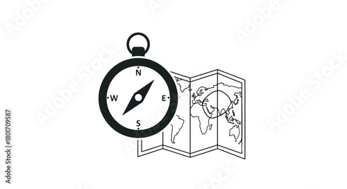 Vintage compass and folded map illustration representing exploration adventure and finding direction on a journey