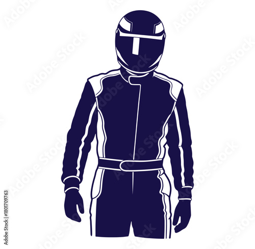 Vector illustration of a racing driver wearing protective gear and helmet in navy blue