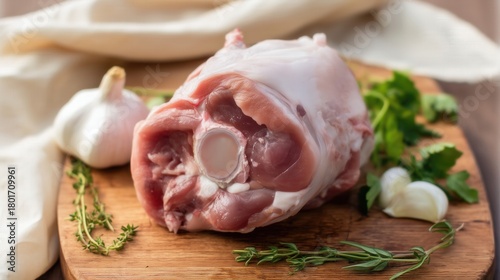 Fresh Raw Pork Knuckle on Wooden Board with Herbs. Generative AI