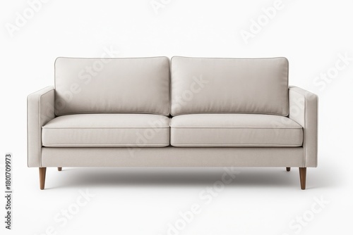 Modern three seater light warm grey fabric sofa straight front view on white background for living room furniture interior and home staging themes