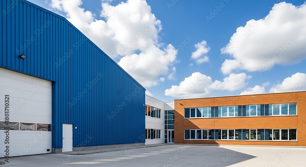 Fototapeta premium A modern industrial building with a striking blue corrugated metal facade and an orange brick section under a bright blue sky with fluffy white clouds