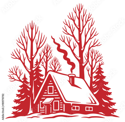 Winter cabin scene with bare trees smoke from chimney snow covered roof illustration