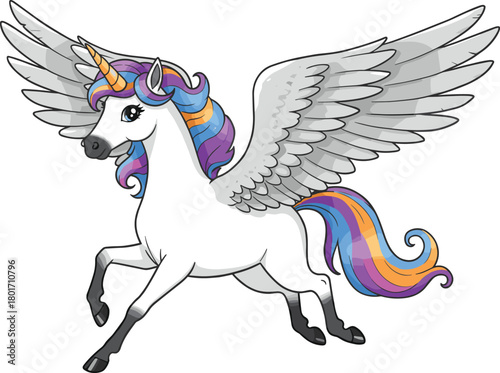 Fantasy winged unicorn alicorn with colorful mane, golden horn, feathered wings, magical creature illustration, cartoon vector art for children.