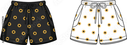 Fashion illustration of sunflower patterned shorts in black and white color variations with drawstring waistband, side pockets, summer clothing design concept