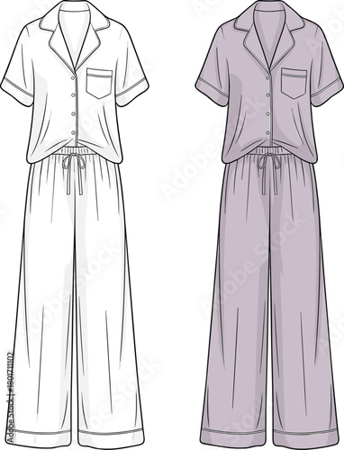 Fashion vector illustration of matching pajama set with shirt and pants, showing technical sketch and colored sleepwear design for apparel.