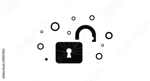 Digital security concept with an open padlock icon surrounded by abstract data elements and circles