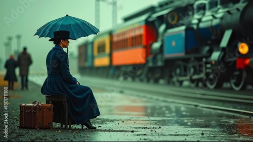 A woman sitting on a bench with an umbrella and a suitcase