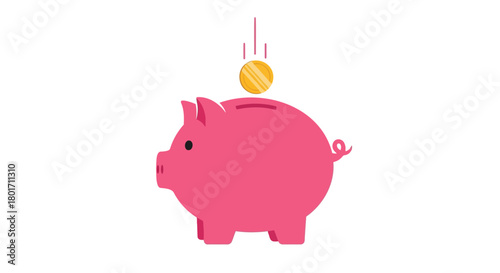 Pink piggy bank with a single gold coin falling into the slot on a white background