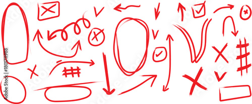 Red pencil hand drawn various oval, chalked arrows, check marks. Vector doodle marker drawing. Hand drawn charcoal symbols for diagrams. Freehand grunge red strikethrough and underline elements. 