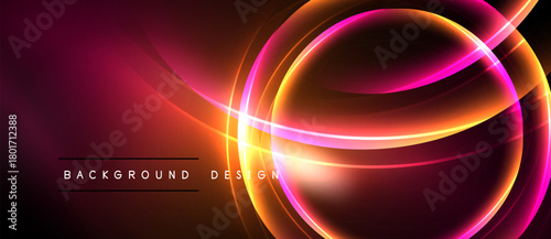 Abstract vibrant design features glowing circles, lines. Red, orange, pink hues create dynamic visual effect. Modern background texture.