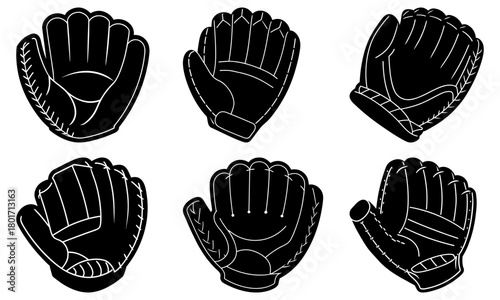 Collection of six black and white baseball gloves in different orientations and perspectives shown here