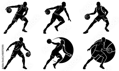 Silhouetted basketball players in various dribbling poses on a white background illustration style vector