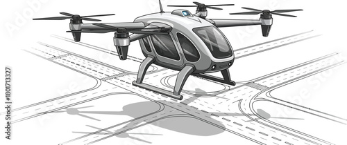 Autonomous flying car drone over city intersection