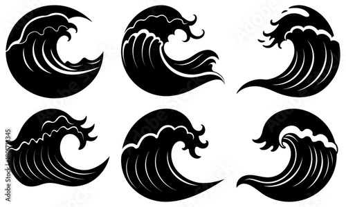 Six stylized black waves with white crests arranged in a two row by three column grid pattern graphic