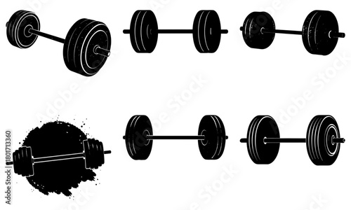 Illustration showing a collection of dumbbells in various orientations and one with ink splatter effect