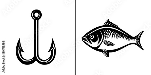 Angling Adventure: Black White Fishing Hook Icon | Clean, isolated vector art for creative projects.