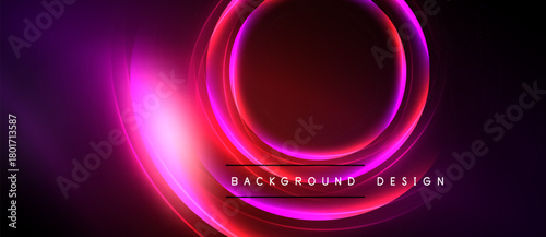 Abstract neon lights create vibrant circular shapes. Dark background emphasizes glowing pink, purple hues. Modern design element.