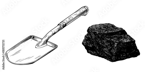 Black white illustration shovel, coal, pickaxe | Clean, isolated vector art for creative projects.