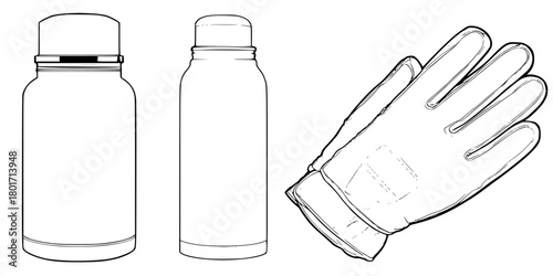 Elegant Black White Illustration Thermos Flask Set Glove | Clean, isolated vector art for creative projects.