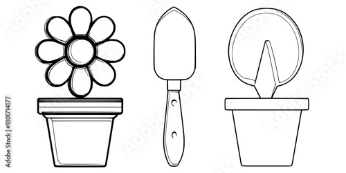 Stylish Pot, Flower, Spatula Trio | Clean, isolated vector art for creative projects.
