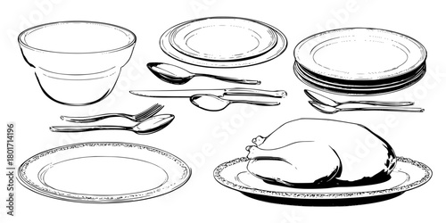 Elegant Black White Tableware Set | Clean, isolated vector art for creative projects.
