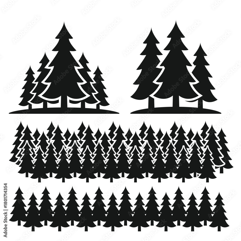 Obraz premium Forest of pines trees is shown in black and white stencil