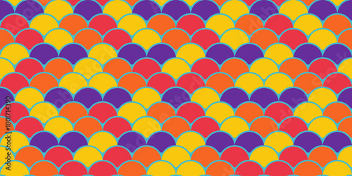 Vibrant, seamless pattern of overlapping semicircles in bold yellow, orange, red, and purple.  Perfect for backgrounds, textiles, and playful designs.
