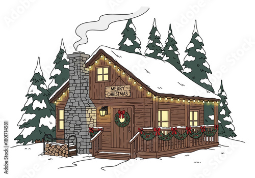 Snowcovered cabin with Christmas lights wreath firewood chimney and smoke in a wintry forest
